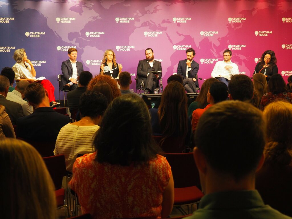 Panel at Chatham House for London Climate Action Week with, from left to right, Ana Yang, Felix Preston Michal Nachmany, Iain Clacher, Carl Miller, Matt Gray, and Bernice Lee.